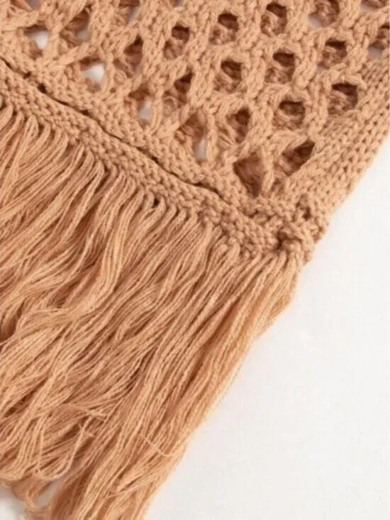 Coral Orange Women's Sexy & Elegant Beach Style Knitted Hollow Fringe Dress - Picture 4 of 5